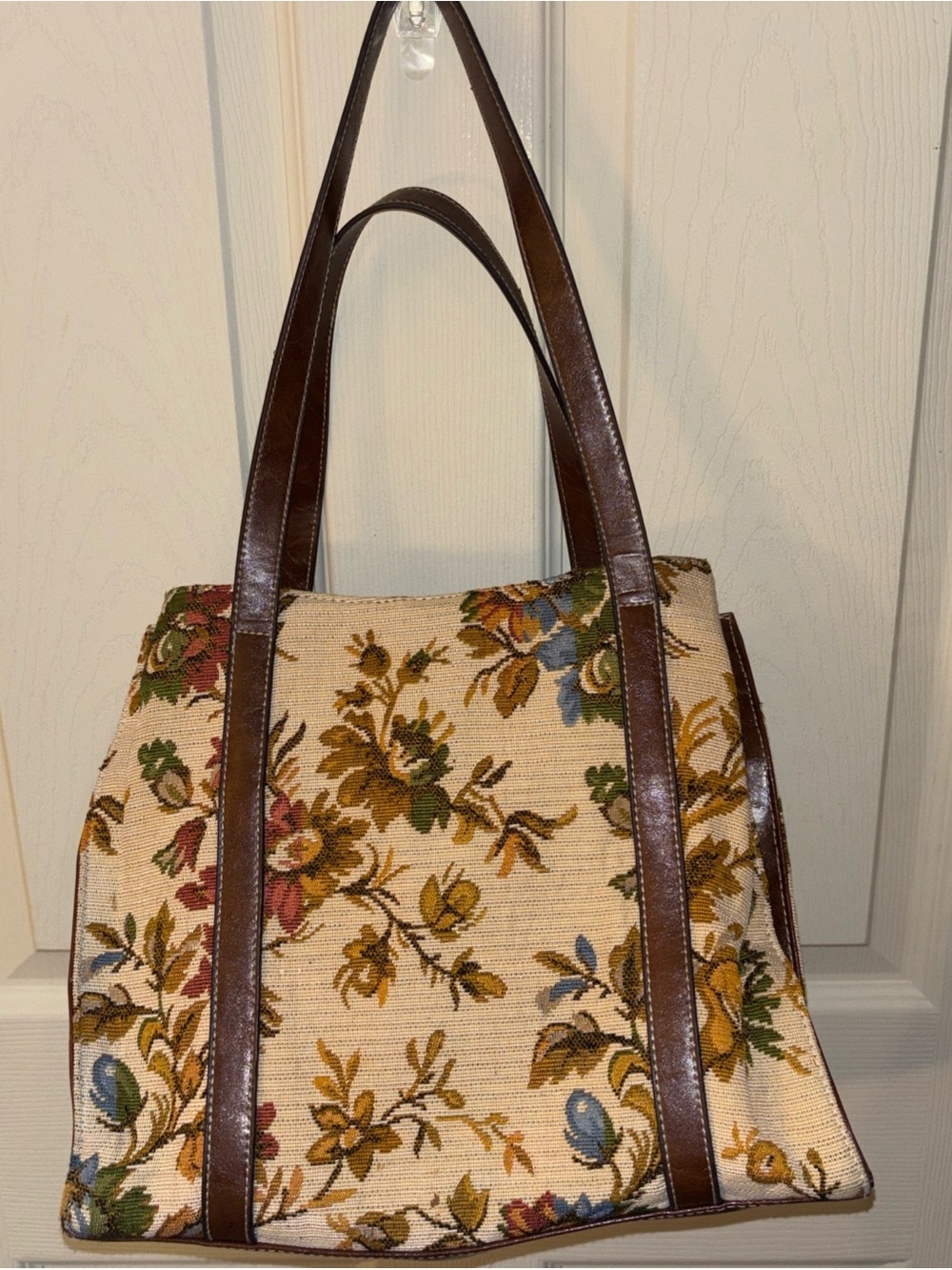 Floral Tapestry Tote Bag with Brown Leather Trim